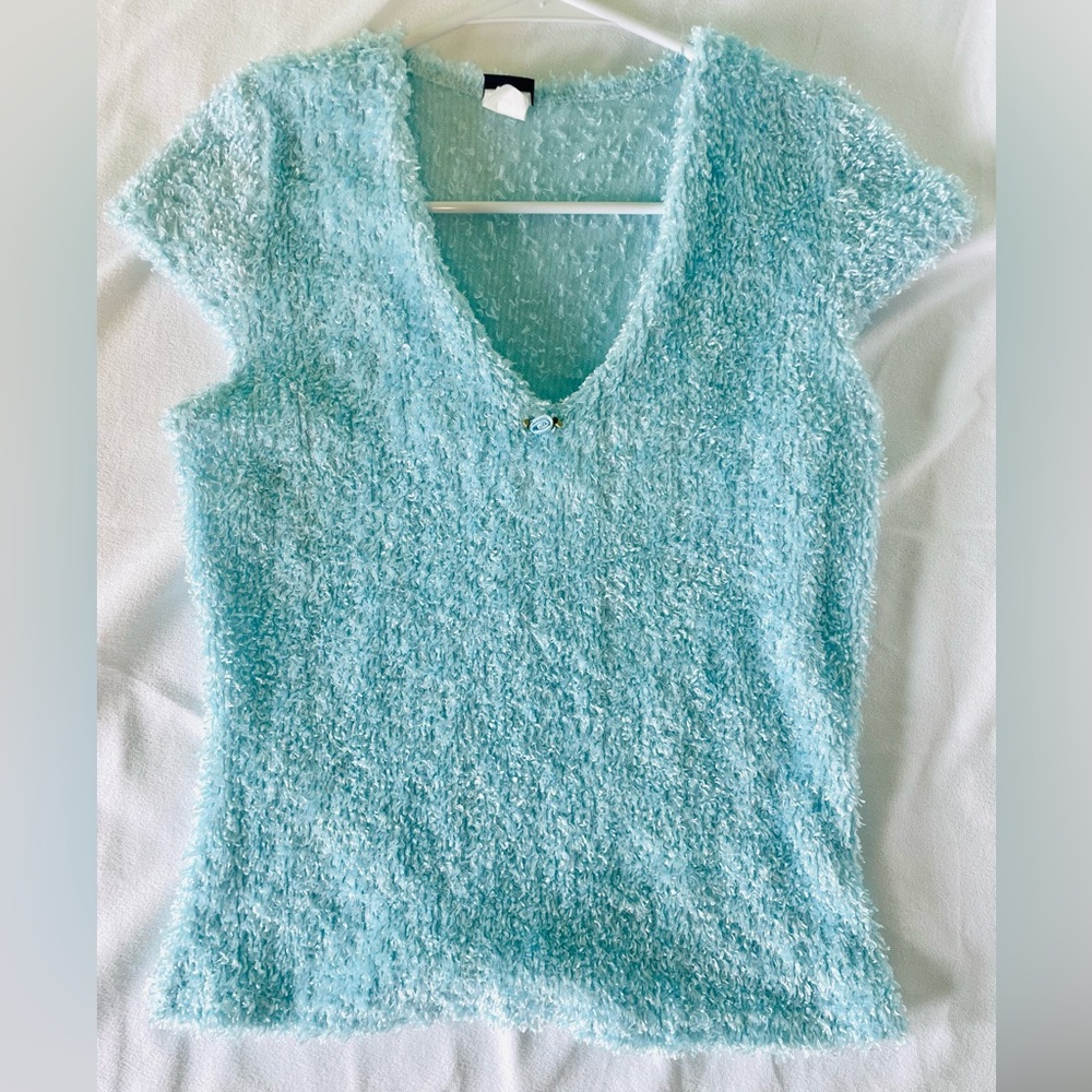 NWOT fuzzy baby blue chenille Y2K Vintage 90s babydoll cap sleeve top
